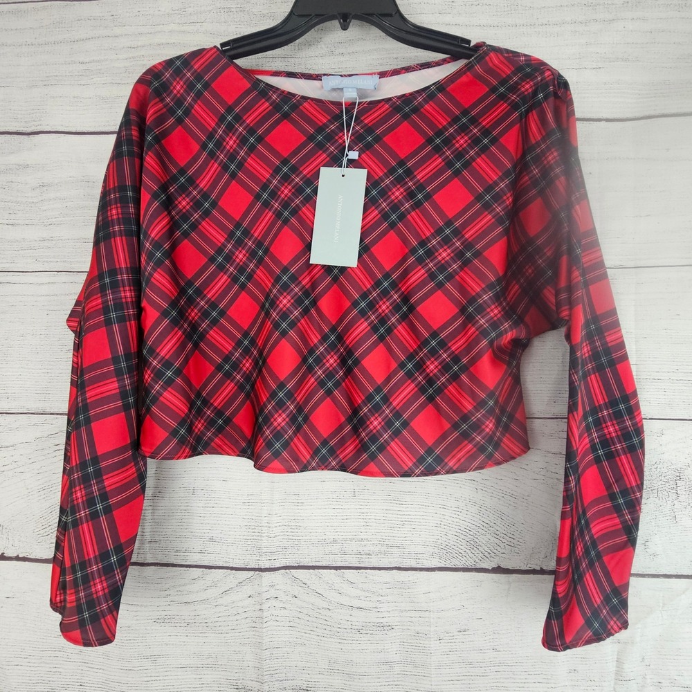 Antonio Melani M Woven Blyss Red Tartan Plaid Satin Crop Top Blouse NWT 1519